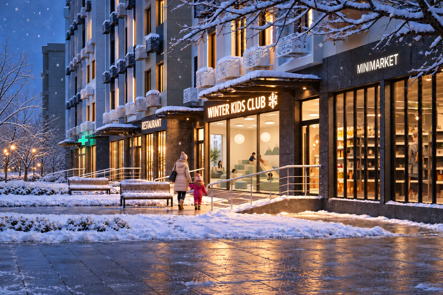 Вход в Winter Kids Club со двора зимним вечером