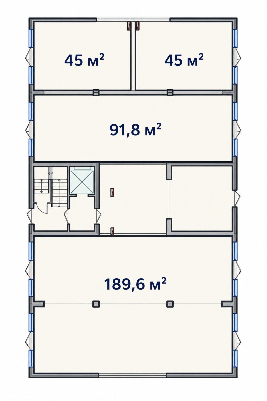 План первого этажа с коммерческими помещениями 45, 45, 91,8 и 189,6 м²