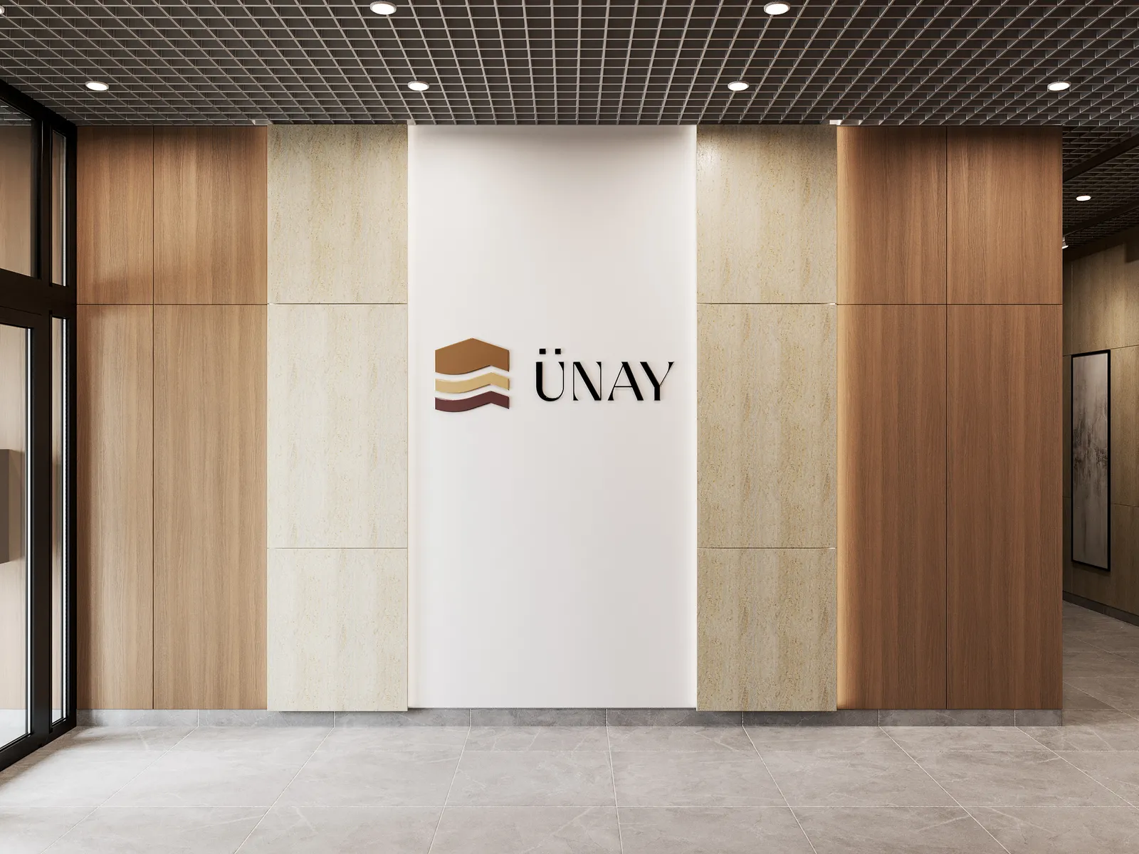 Холл подъезда Ünay с логотипом